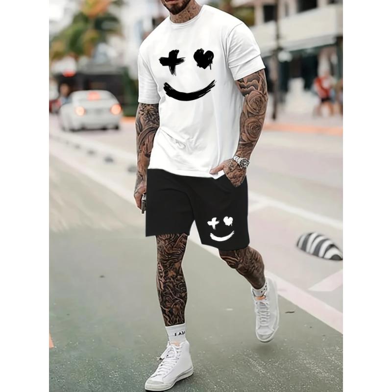 Herren Sommer Kurzarm Set Hip Hop Cartoon Bär Print Kurzarm Oberteil Shorts Lässig Zweiteilig Outdoor Urban Street Fashion