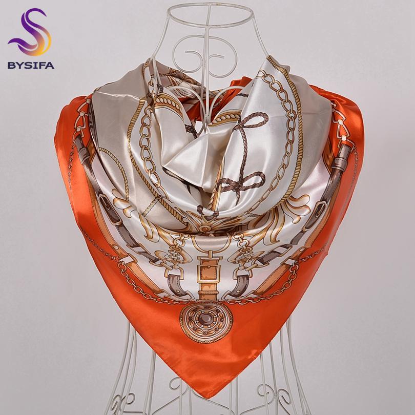[BYSIFA] Coffee Women Silk Scarf Shawl Winter Elegant Brand Floral Large Square Scarves Wraps Fashion Muslim Head Scarf Blue,Red