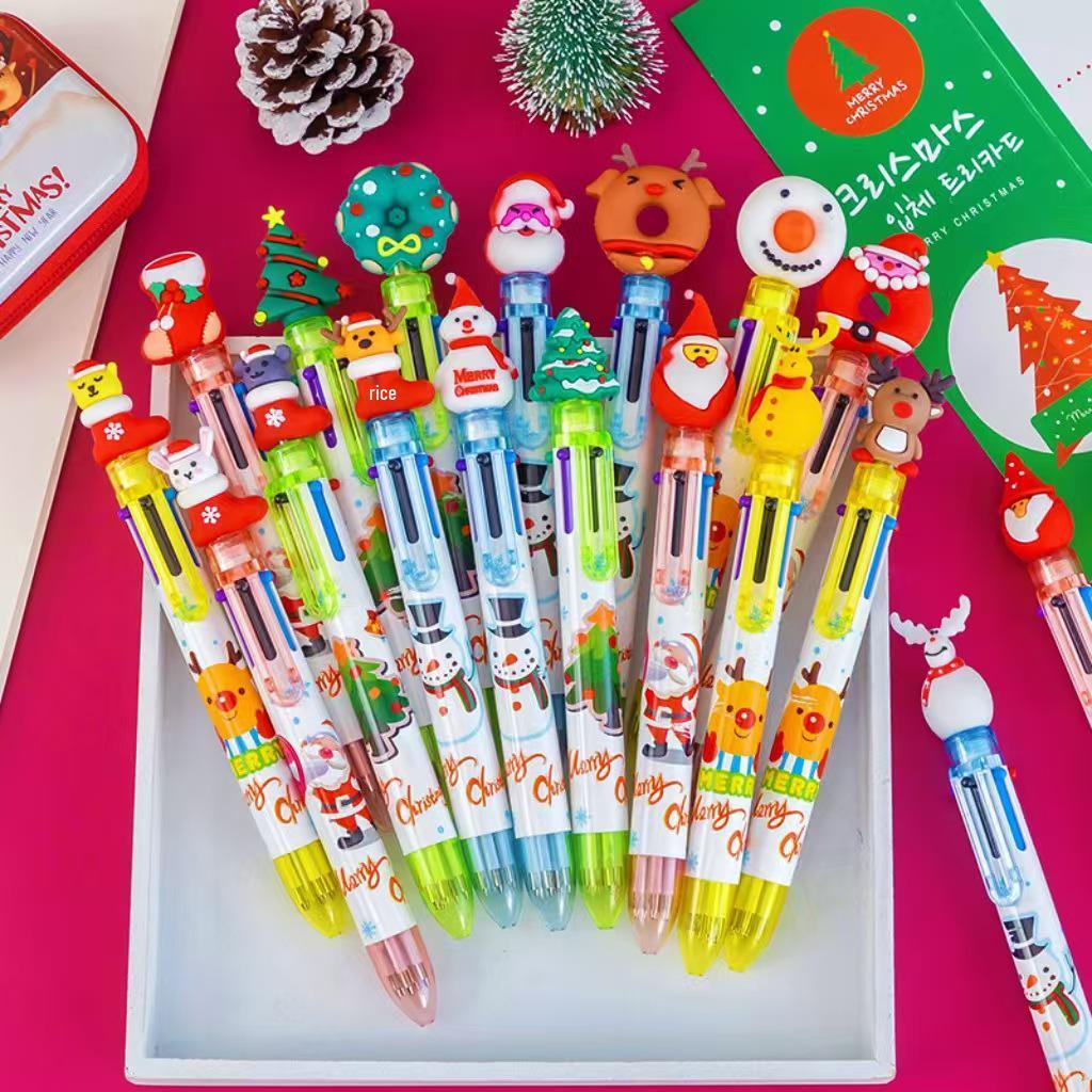 Creative Christmas 6-Color Ballpoint Pen with Cartoon Santa Claus - Ideal for Holiday Journaling and Student Prizes.