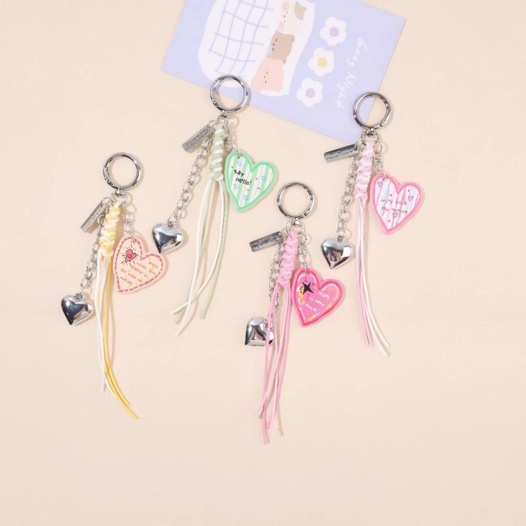 Colorful Heart Keychain Acrylic Tassel Bag Charm Sweet Letter Metal Pendant Women Girls Phone Strap Fashion Accessories