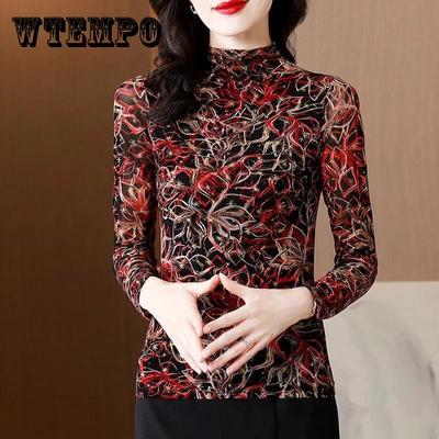 Camiseta de Manga Larga Delgada con Cuello Alto Medio y Letras para Mujer, Primavera y Otoño