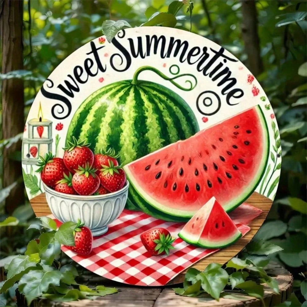 

Iron Wall Art Summer Watermelon Strawberry Round Sign Kitchen Home Decor 20x20 різнокольоровий