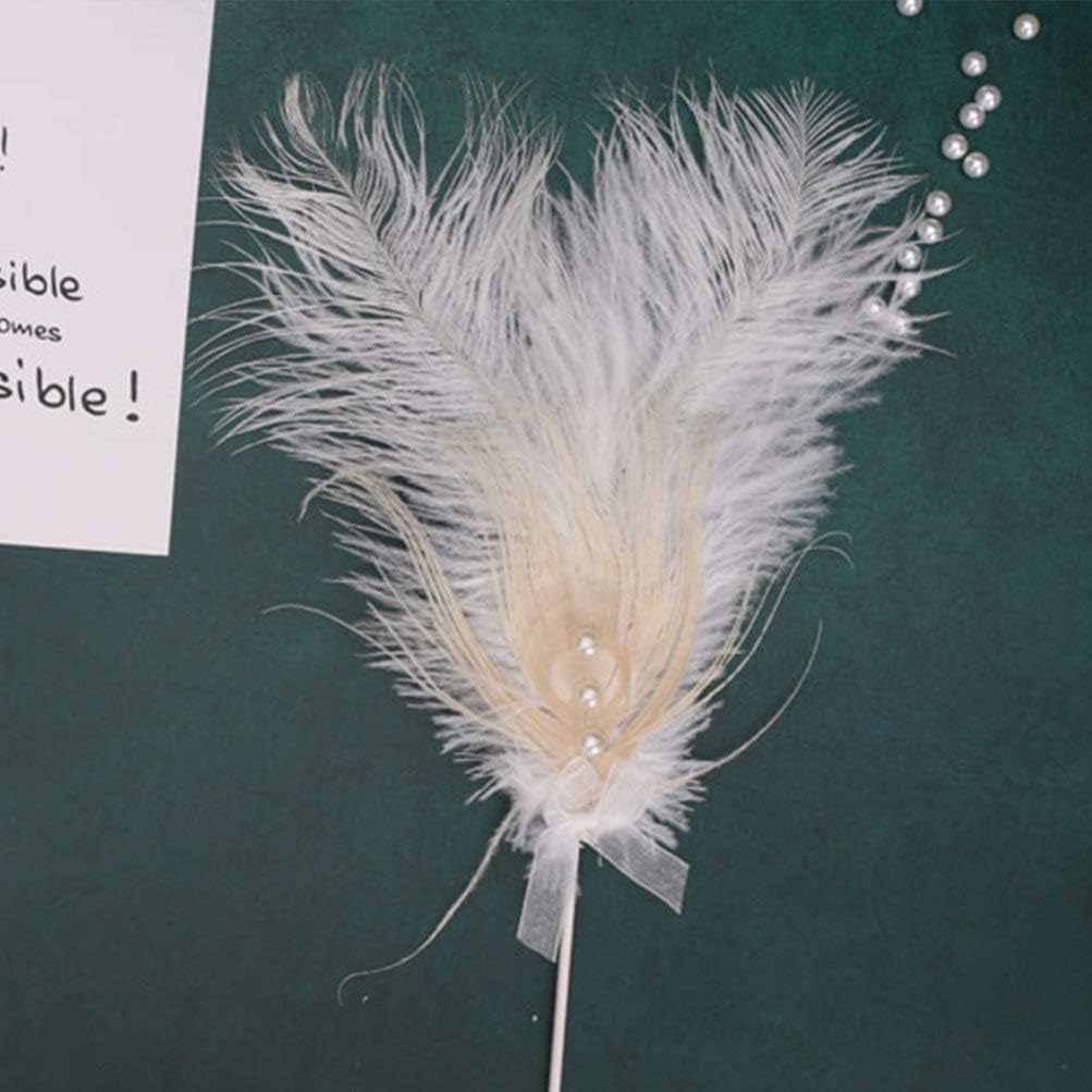 2pcs Plumage Cake Topper with Pearl Romantic Aesthetic Ostrich Plumage Feathered Cake Decorartion for Birthday Wedding