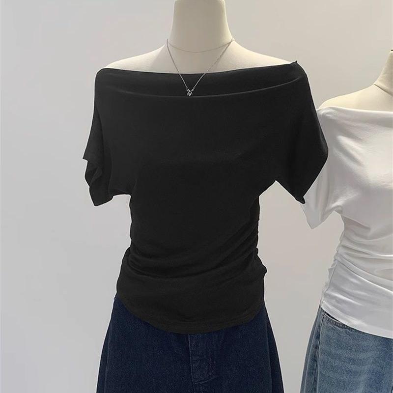 Sommer Reines Verlangen Ein Schulter Schwarz Kurzarm Damen T-Shirt Koreanischer Stil Schlankmachendes Top Freiliegende Schulter Modisch