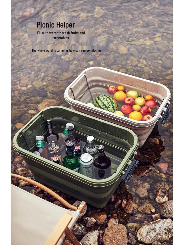 Outdoor Folding Picnic Basket with Wooden Lid - Multifunctional Storage Box for Camping or Car Use