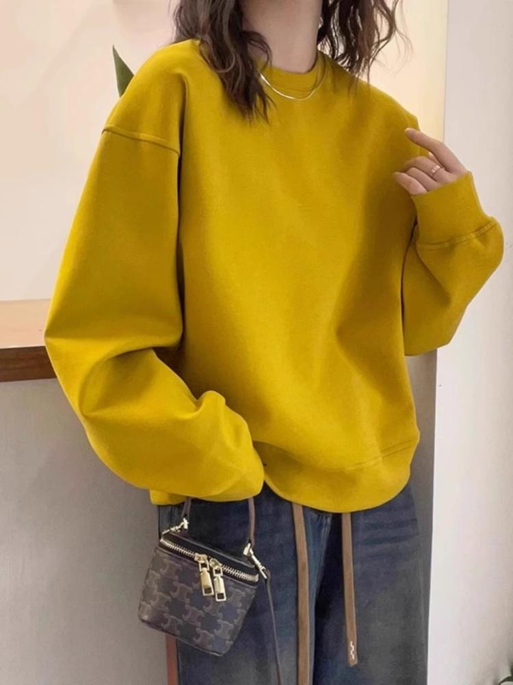 Ginger Yellow Round Neck Women's Korean-Style Loose Sweatshirt - Spring Fashion