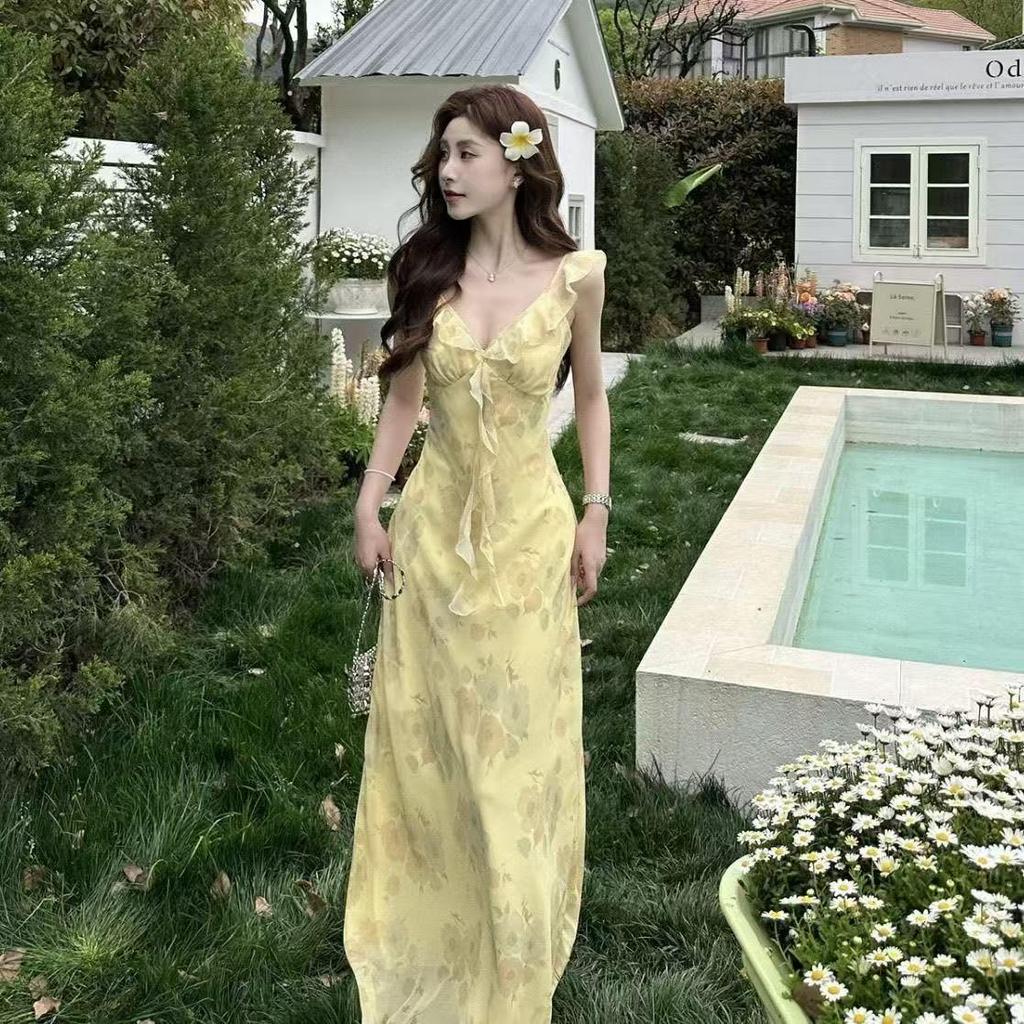 Yellow Floral French Style Slim Bodycon Tea Length Summer Dress