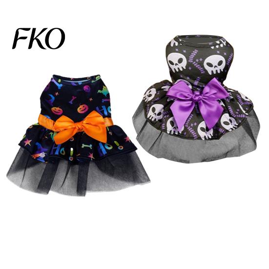 Sleeveless Dog Dress Halloween Tulle with Bow, Skull Print Pet Outfit, Daily Wear Costume Girl Party for Small Dogs Cats Lightweight Clothes