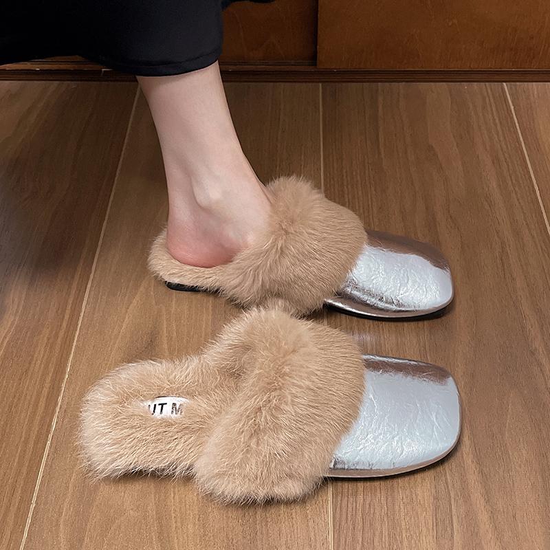 Fashion Aphixta Soft Leather Solid Color Indoor Slipper Furry Warm Women Mule Shoes Flat With Slides Chaussures Femme Zapatos Mujer