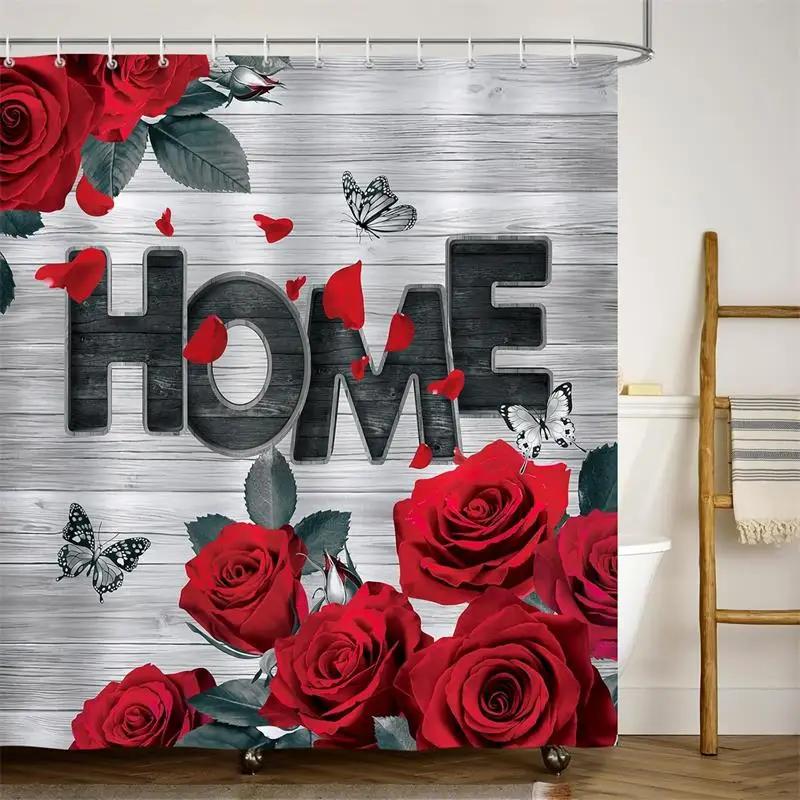 Red Rose Shower Curtains Romantic Blooming Floral Butterfly Valentine's Day Bathroom Decor Polyester Bath Curtain with Hooks