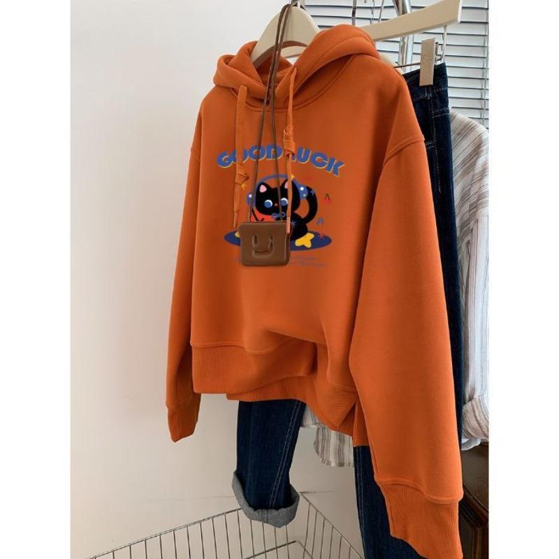 

Fashionable Orange Hooded Long-sleeved Sweatshirt for Women Velvet and Thickened High Street Brand Top L помаранчевий