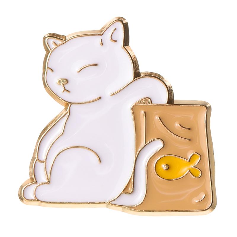 Feed Myself Enamel Pins Cute Black White Cats Dried Fish Bag Brooches Lapel Badge Cartoon Animal Jewelry Gift for Kids Friends
