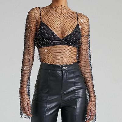 European and American Rhinestone Mesh Long-Sleeve Fishnet T-shirt - Sexy Hot Girl Top