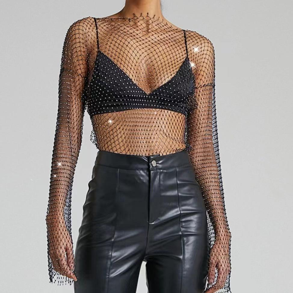 European and American Rhinestone Mesh Long-Sleeve Fishnet T-shirt - Sexy Hot Girl Top
