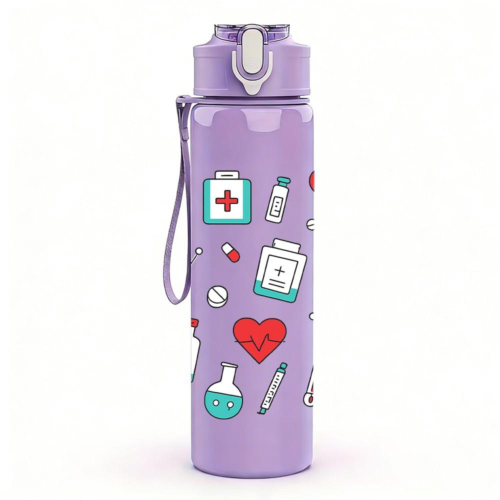 1PC Medical Supply Cute Pattern 750ml Color Plastic Sports Water Bottle Leakproof Flip Straw Lid Suitable for Sports Office Home Use