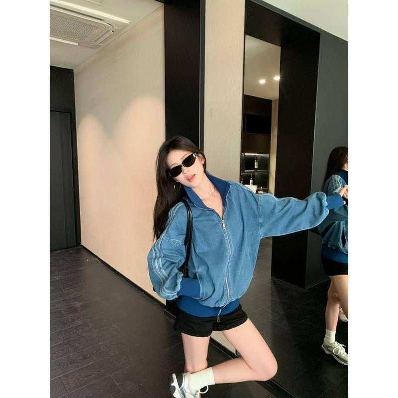 

Retro American Three Bars Long Sleeves Denim Outwear Women s Autumn Loose Short Jacket Baseball Uniform Zipper Tops Image color L