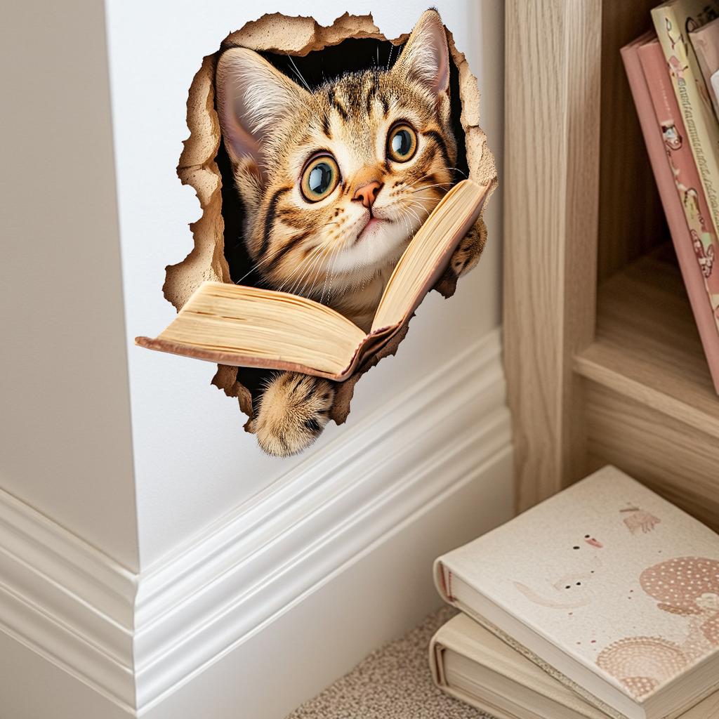 Peek a Boo Reading Cat Wall Sticker Removable Cartoon Decal for Kids Room Nursery Living Room Home Wall Decor