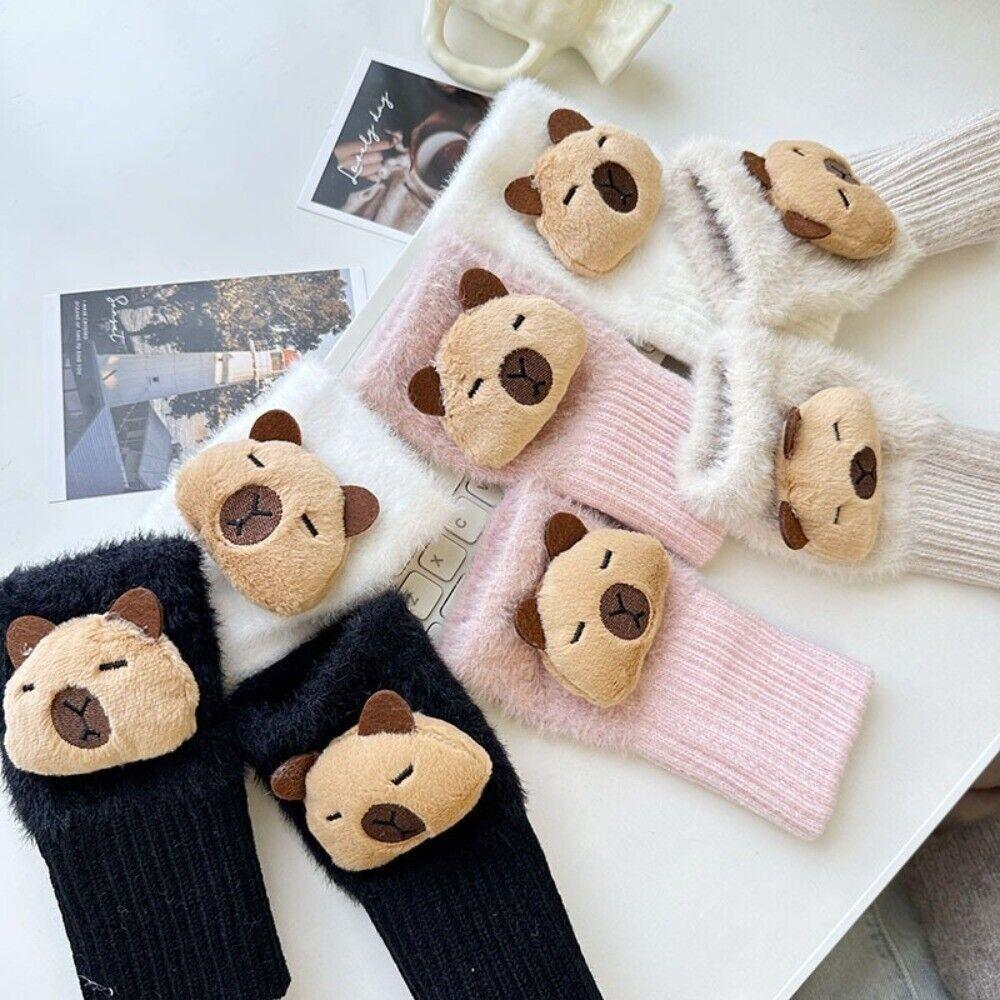 

Thickened Women Mittens Plush Warm Gloves NEW Half Finger Gloves Beige Capybara