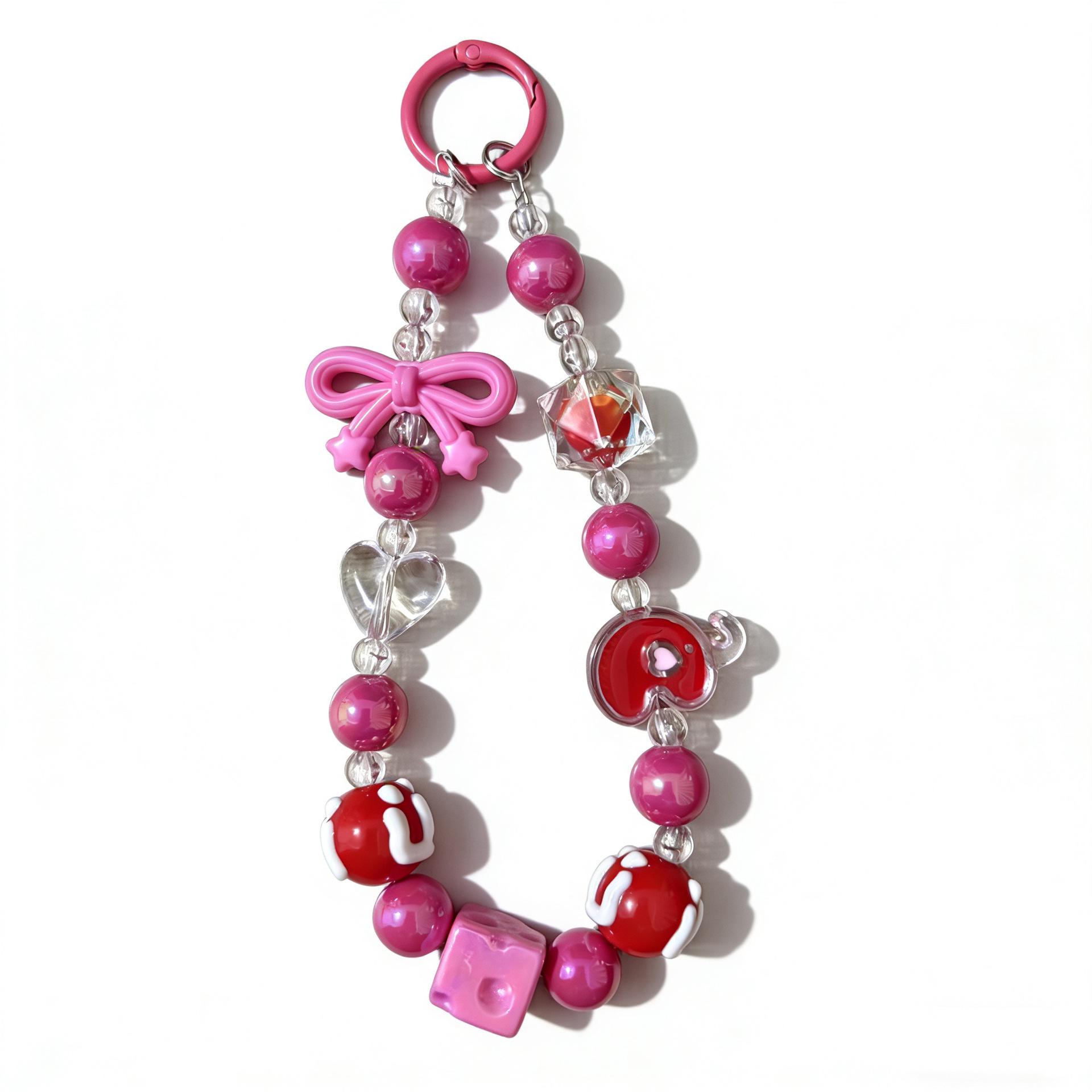 Colorful Cartoon Elephant Beaded Phone Chain & Bow Keychain Pendant A розы красного