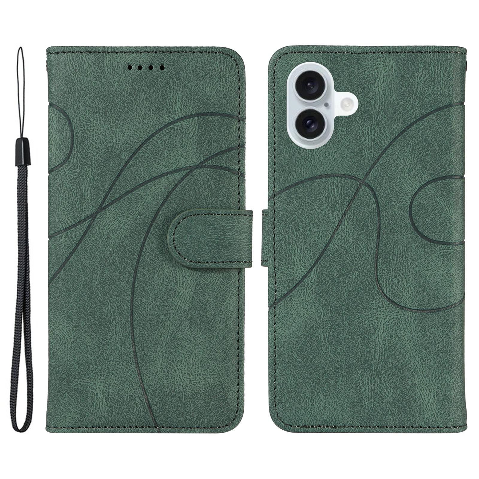 

For iPhone 16 Plus Case Curved Line Imprint Leather Wallet Stand Phone Cover Green