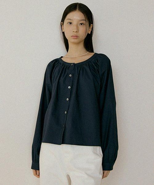 Lingseoul Shirring Volume Blouse-Navy
