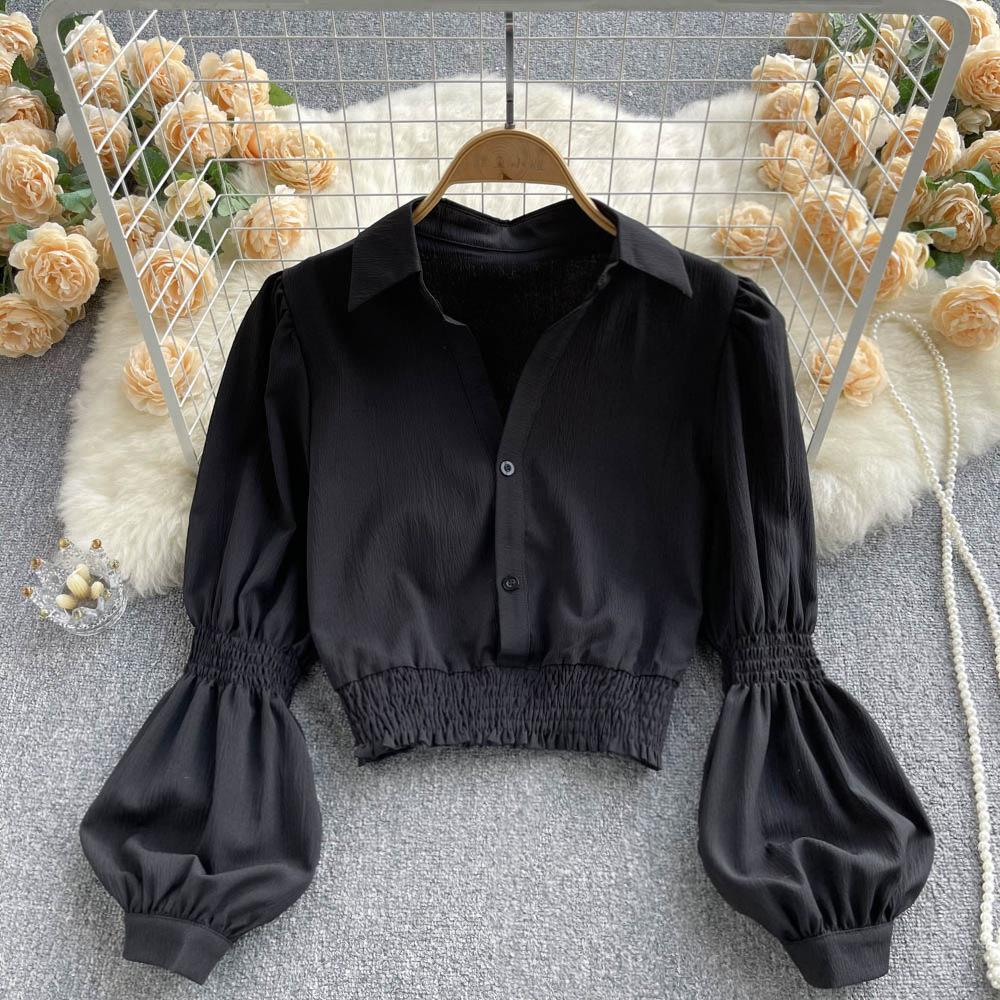 Bubble Sleeve Blouse Top Women's Waisted Short Chic Temperament Shirt