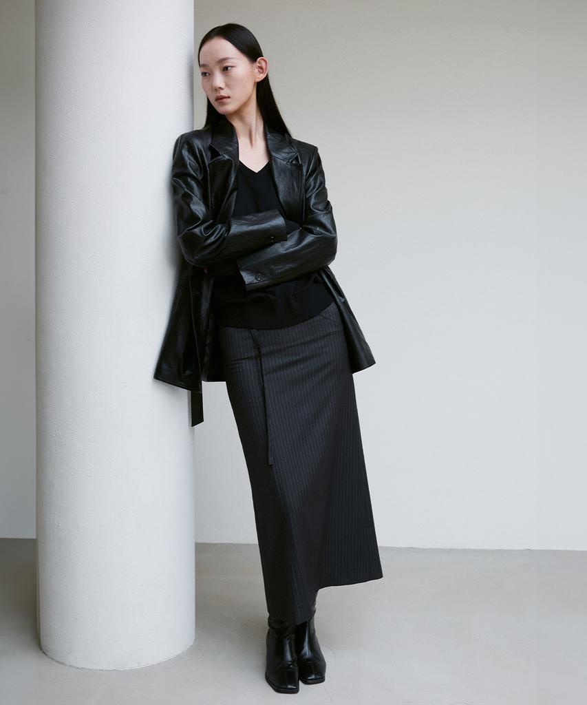 Rie Striped Back-Slit Straight Skirt