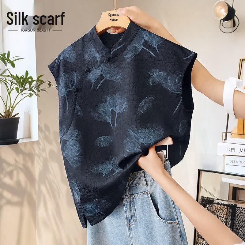 Women s New Chinese Style Floral Print Sleeveless Shirt L