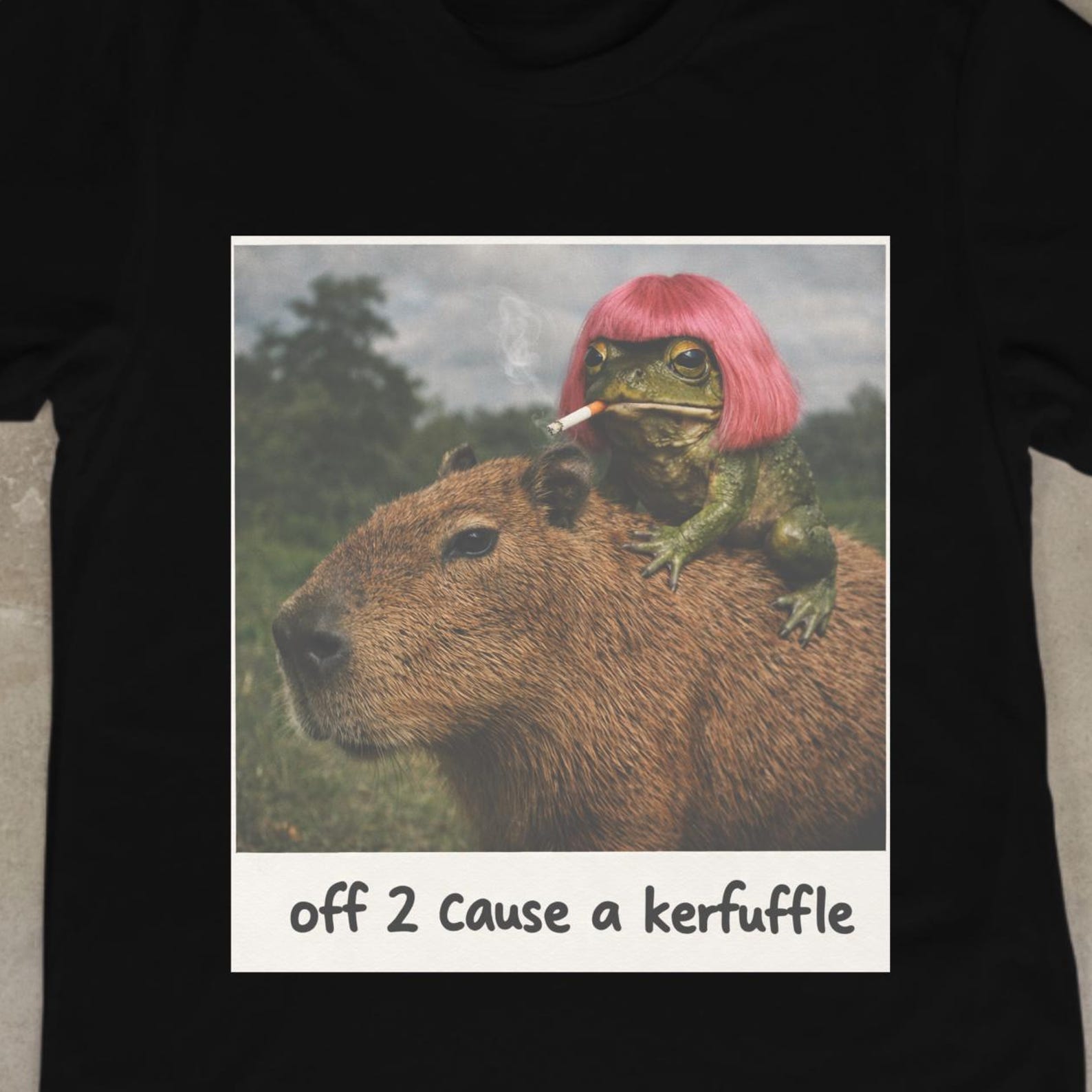 Off 2 Cause a Kerfuffle Shirt | Realistic Frog Riding Capybara | Weirdcore Animal Meme Tee | Funny Aesthetic Graphic T-Shirt. S