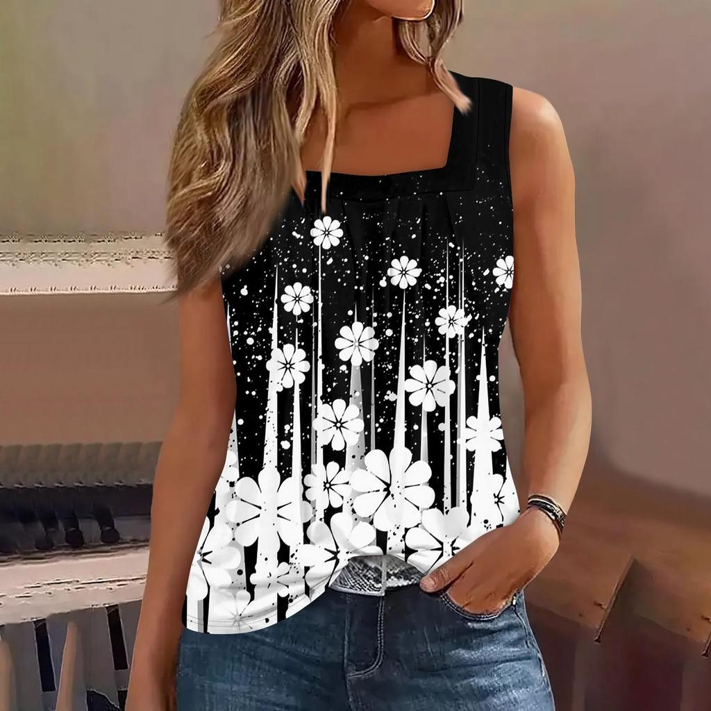 Damenmode Lässig Plissee Quadrat Kragen Ärmellose Weste Print Sommer T-Shirt