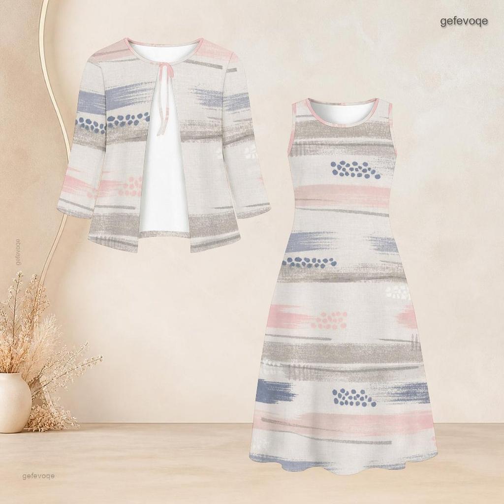 Women Plus Size Two Piece Dress Set Abstract Printed Tie Neck Three Quarter Sleeve Sleeveless Long Dress