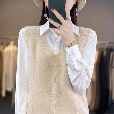 Gilet in maglia con scollo a V, da donna, autunno e inverno, alla moda, versatile, senza maniche, canotta con base in jacquard