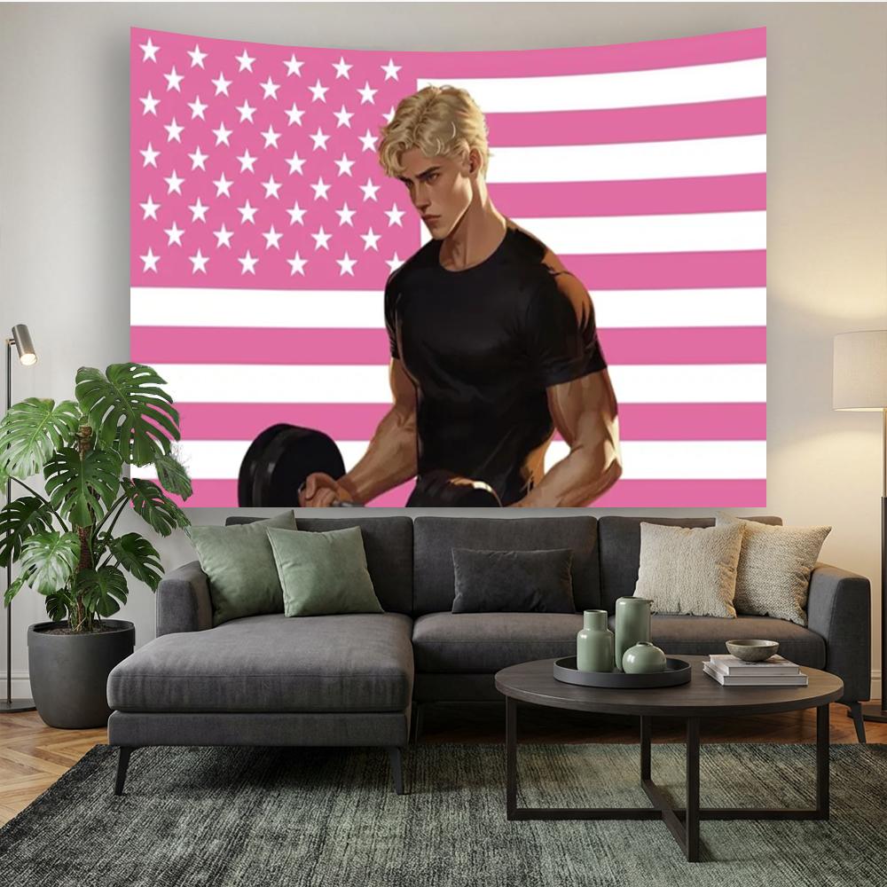 Pink American Flag Gym Guy TapestryAnime Style Muscular Man Wall HangingUSA Flag Fitness Themed Wall Art