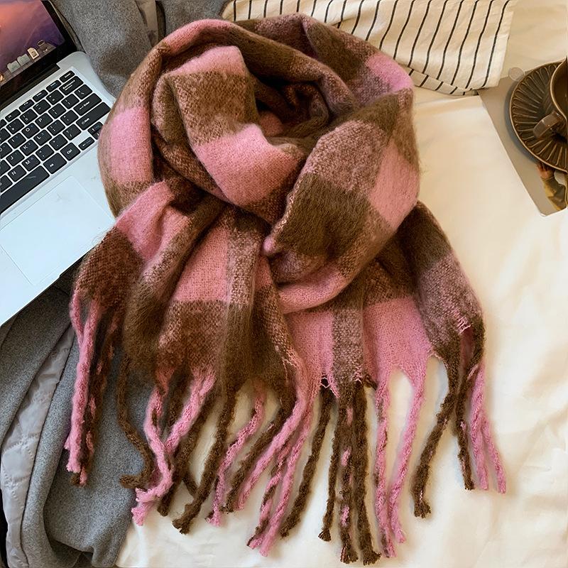 Mohair Cooling Scarf for Women Winter New Versatile Shawl High End Thickened Blue Plaid Scarf