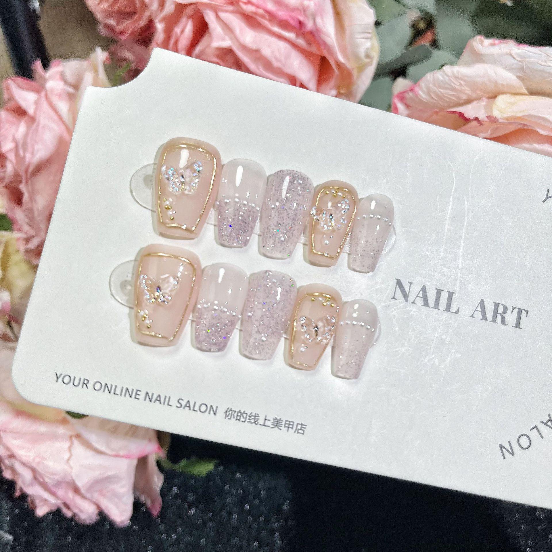 

3D Бабочка Жемчуг Барокко Накладные Ногти Ручной Работы - Съемные, Роскошный Нейл-Арт Extra Small