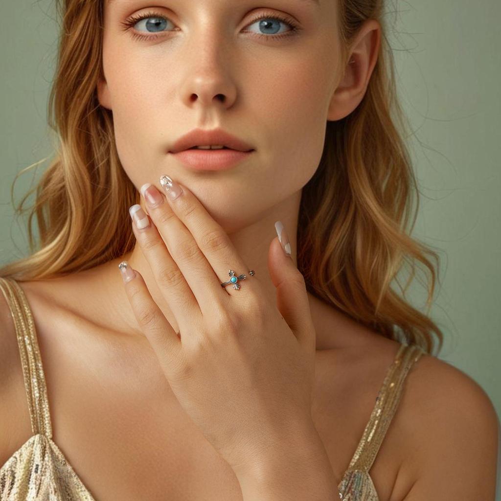 Vintage Turquoise Cross Open Ring S925 Sterling Silver Oxidized Women's Jewelry Adjustable Rings