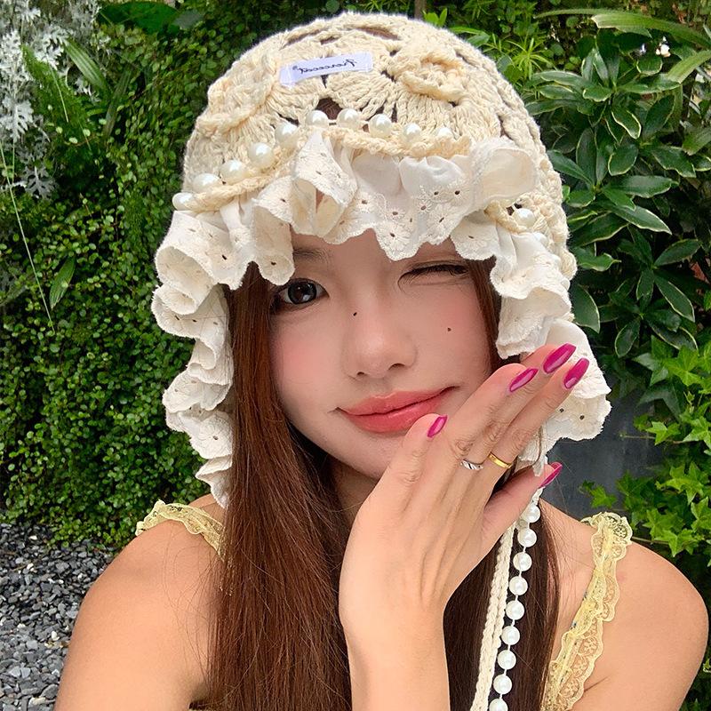 Pearl Tassel Handmade Knitted Headgear Female Summer And Autumn Hollow Sweet Travel Photo Versatile Face Small Headgear