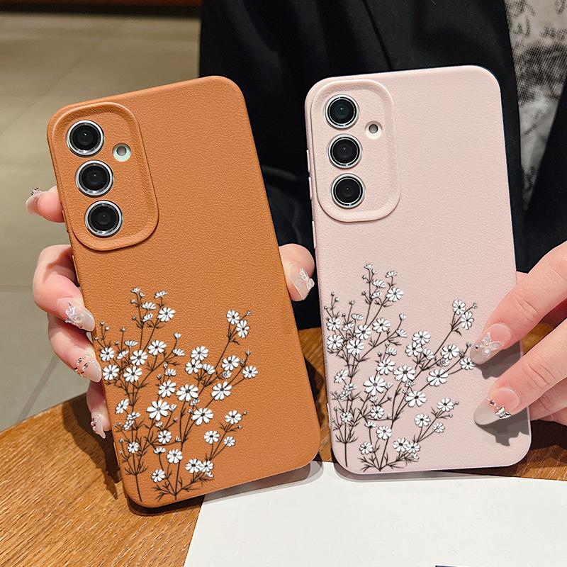Floral Print TPU Leather Texture Slim Phone Case For Samsung S25 Ultra S24 FE S23 S22 A56 A36 A16 A15 A55 A35 Matte Shockproof Soft Bumper Cover