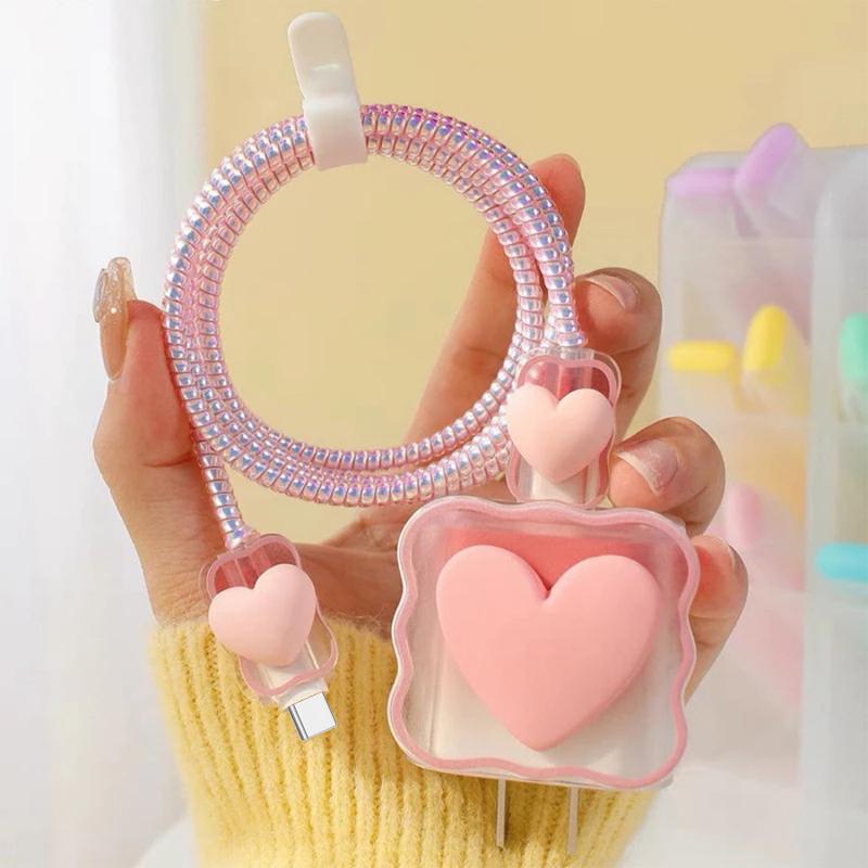 Cute 3D Heart Wavy Edge Charger Protector Set Wear Resistant Anti-Bend Cable Protector for Phone Charger Cords Office Use