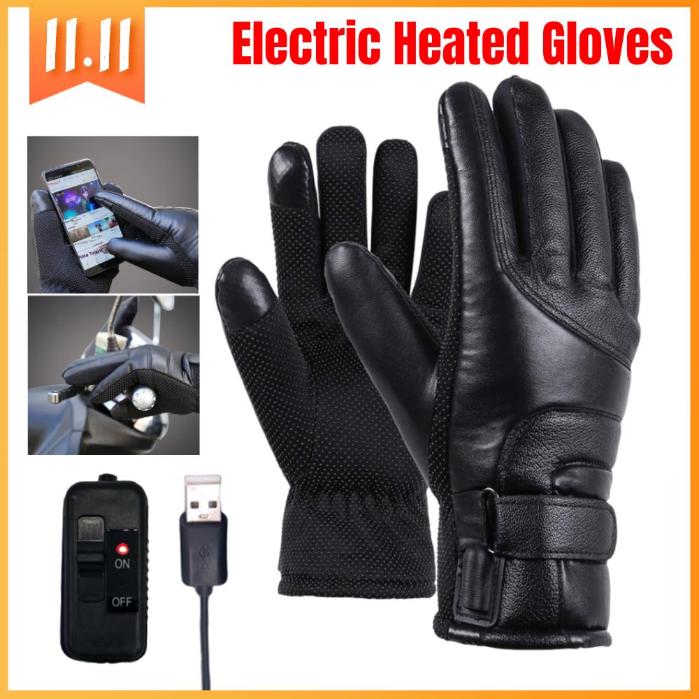 Electric Heated Gloves Touchscreen Hand Warmer Windproof Leather Heating Gloves USB Motorcycle Thermal Gloves Outdoor Camping
