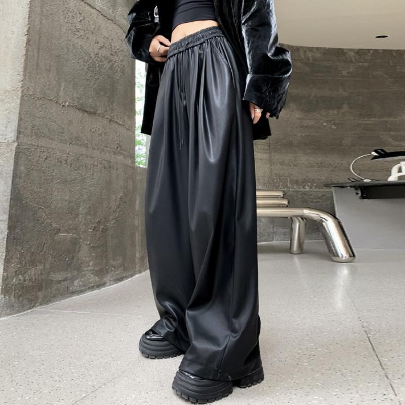 Pantalones de Moda Urbana Negros de Cuero PU de Pierna Ancha para Mujer Sólidos Rectos Sueltos Casuales Pantalones Elegantes de Cintura Alta Ajustados Vintage para Dama 25620