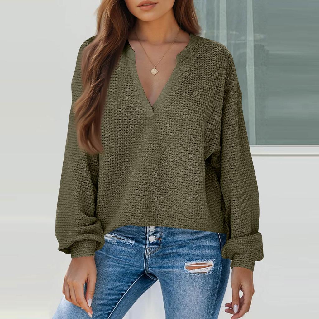 Women's Fashion Long Sleeve  Knit V-Neck Solid Color Casual Top