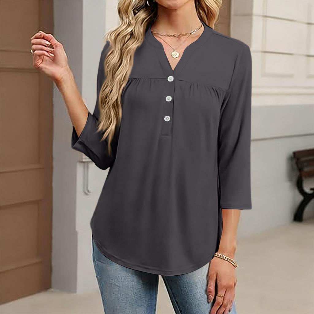 Women's Fashionable Casual Color V-Neck Decorative Button Three-Quarter Sleeve T-Shirt Top