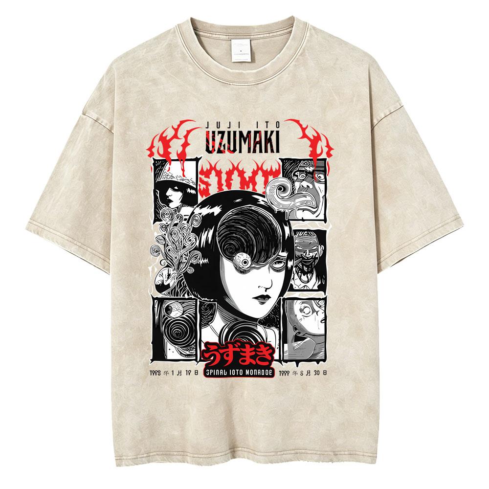 Unisex Washed Vintage Horror Anime Junji Ito Uzumaki Graphic T-shirt Men Women Manga Retro Oversized T Shirt Y2k Casual Cotton T-shirts