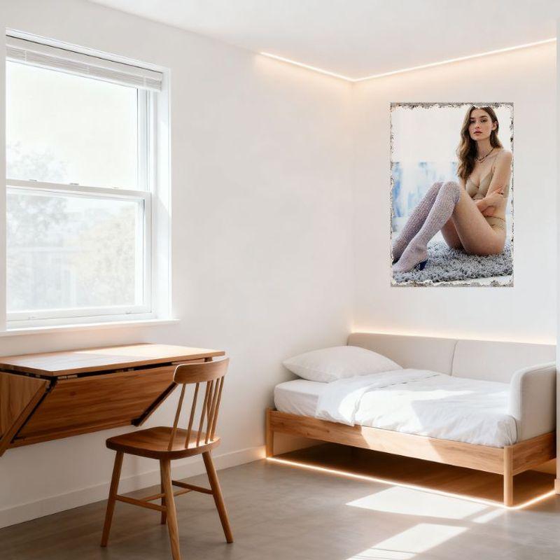 Sexy Blonde Woman on Gray Rug Vintage Metal Tin Sign - High - Heeled Shoes & Lavender Socks, Delicate Necklace, Retro Textured B