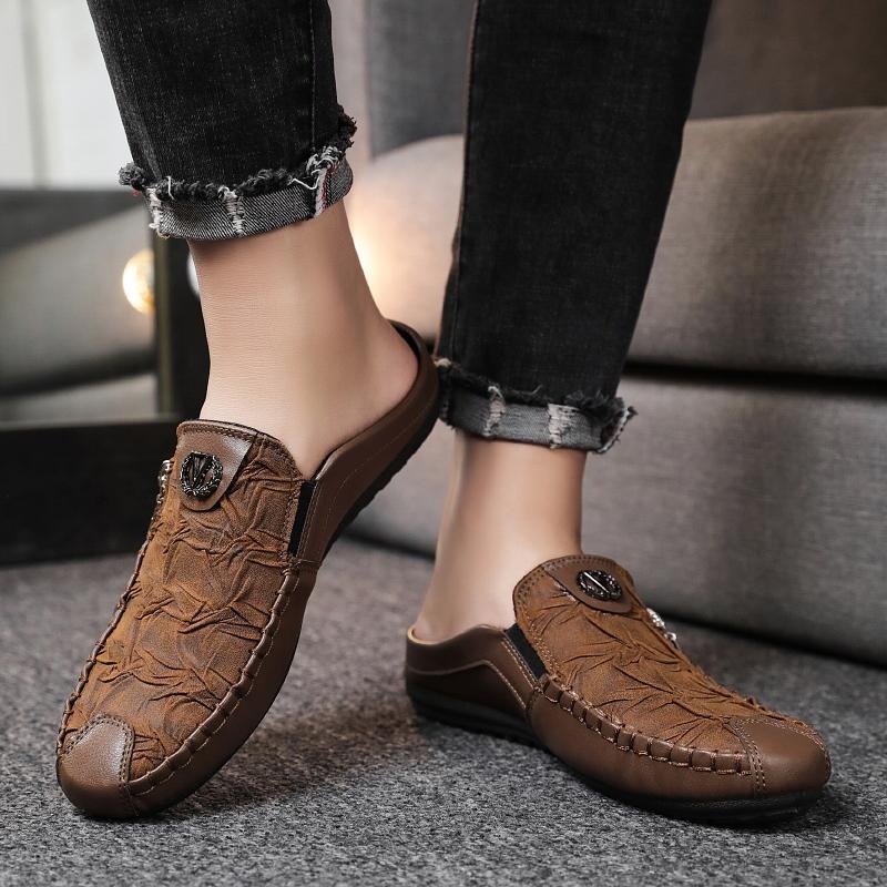 Fashion Leather Men’s Half Slippers Breathable Mens Casual Shoes Outdoor Men Loafers Lazy Shoes Flats Comfortable Male Sneakers