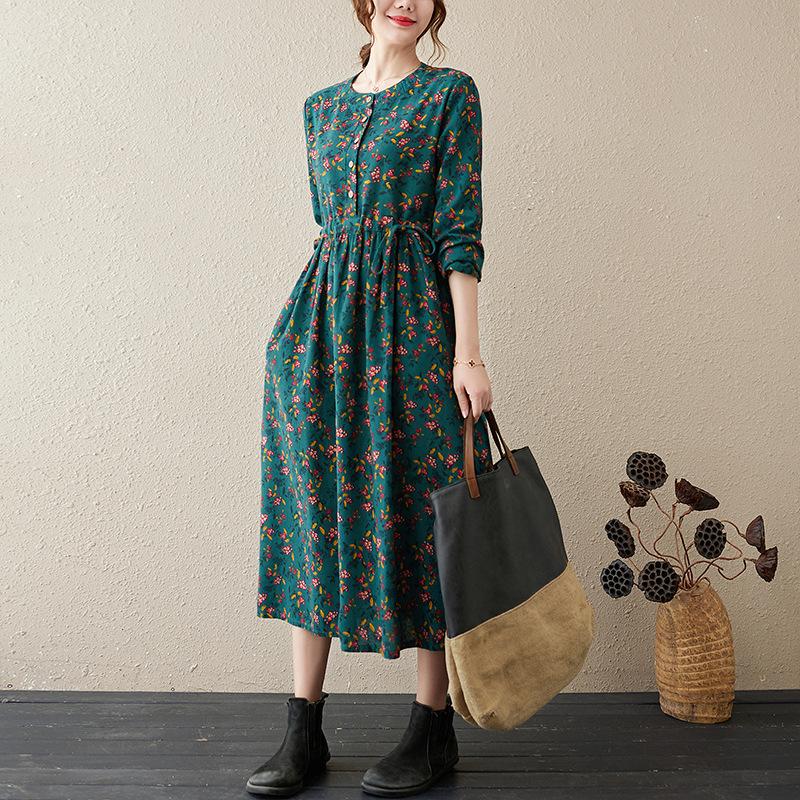 Women's Fall Waisted Cotton and Linen Dress Floral Long-sleeved Thin Long Skirt