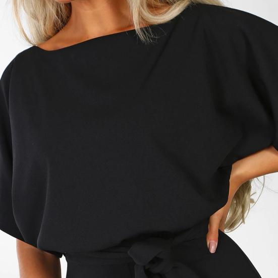 Women Jumpsuit with Lace-up Belt Wide Leg Short Sleeves Pure Color O Neck