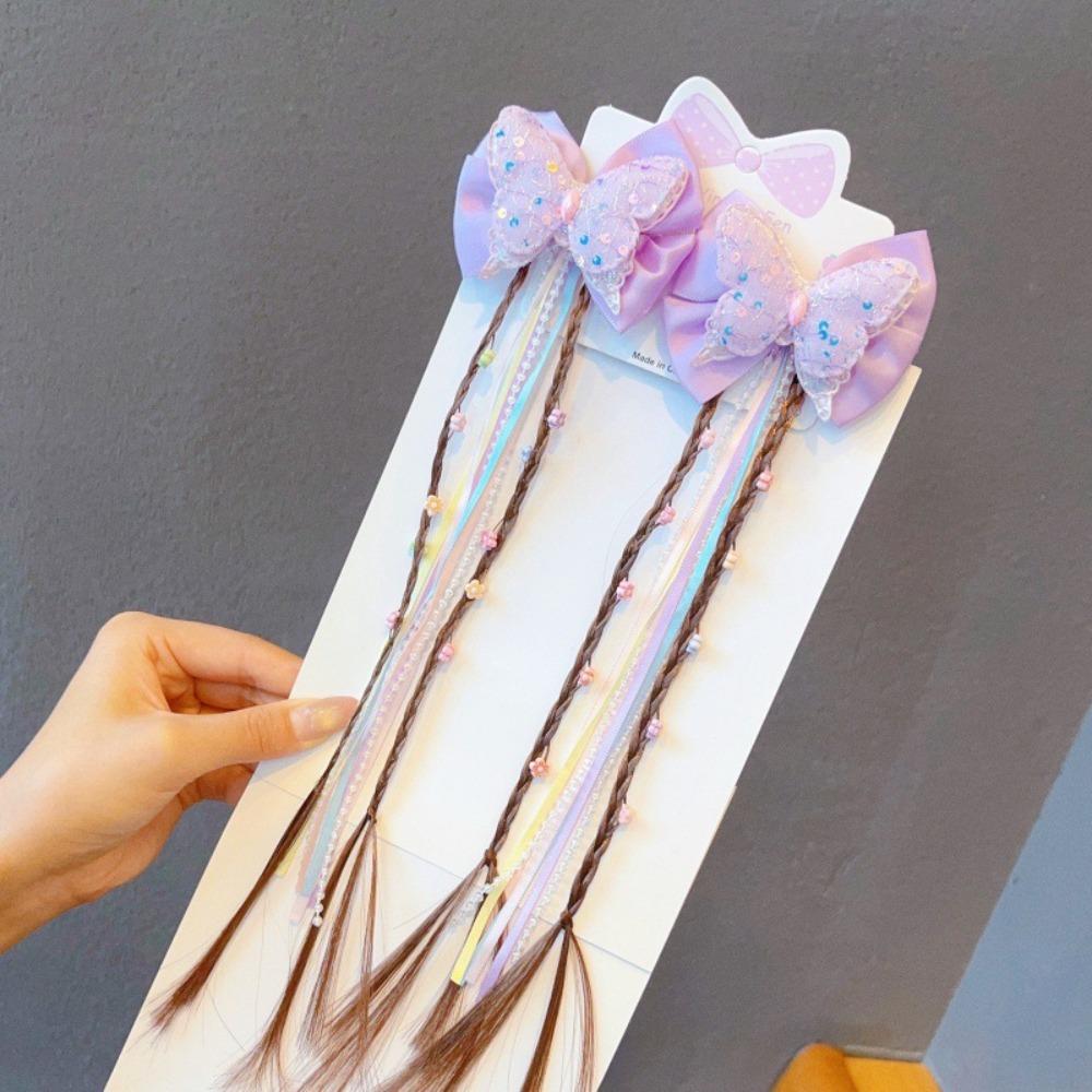 

2Pcs Pearl Long Tail Hair Bows for Girls Handmade Flower Hair Clip Sweet Wig Braid Toddler Kids фиолетовый