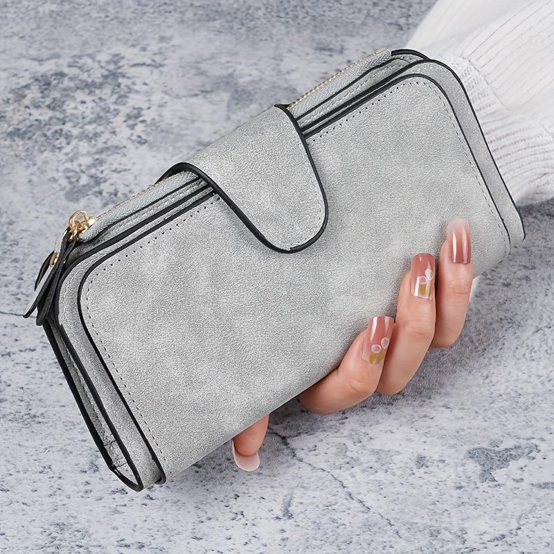 Portefeuille Long Rose pour Femme avec Fermeture Éclair et Bouton Pression, Multiples Emplacements pour Cartes, Grande Capacité, Design Élégant, Poche à Monnaie, Parfait pour un Usage Quotidien gris